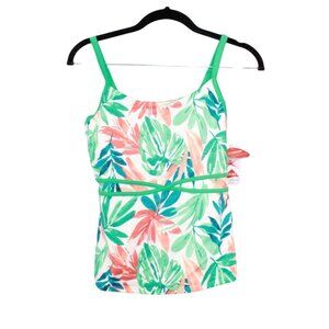 LL Bean Sun Smart Swimwear Tankini Top Squareneck Tropical Print Green 4